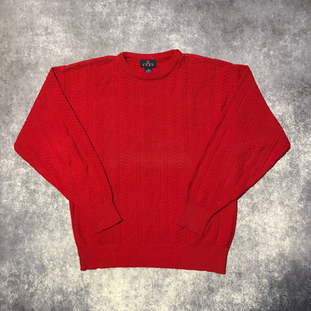 Vintage Enro Mens Large Red 100% Cotton Cable Knit Crewneck‎ Sweater Made in USA